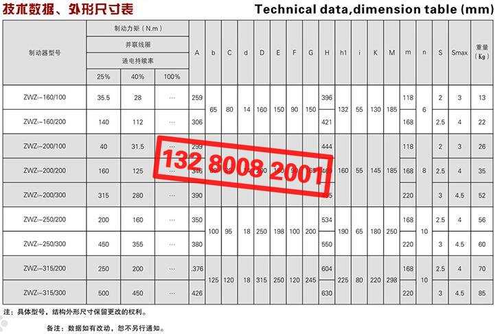 ZWZ3系列直流電磁鼓式制動器技術數(shù)據(jù)、外形尺寸表